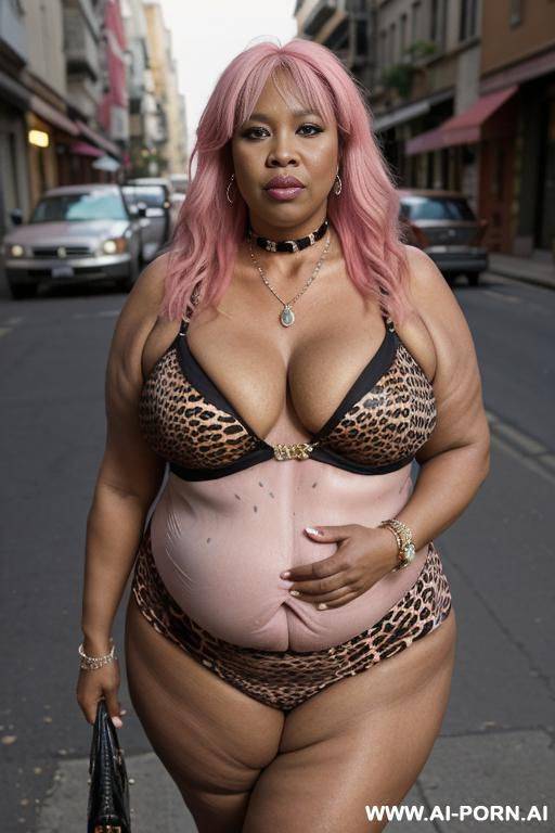 old milf, animal print hooker outfit, straight pink hair, necklace, chocker, elry, street night, waist shot - #main