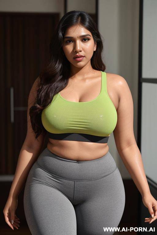 bhumi pednekar wearing sexy yoga pants sweating, full body view with eye contact, detailed facial features, curvy features - #main