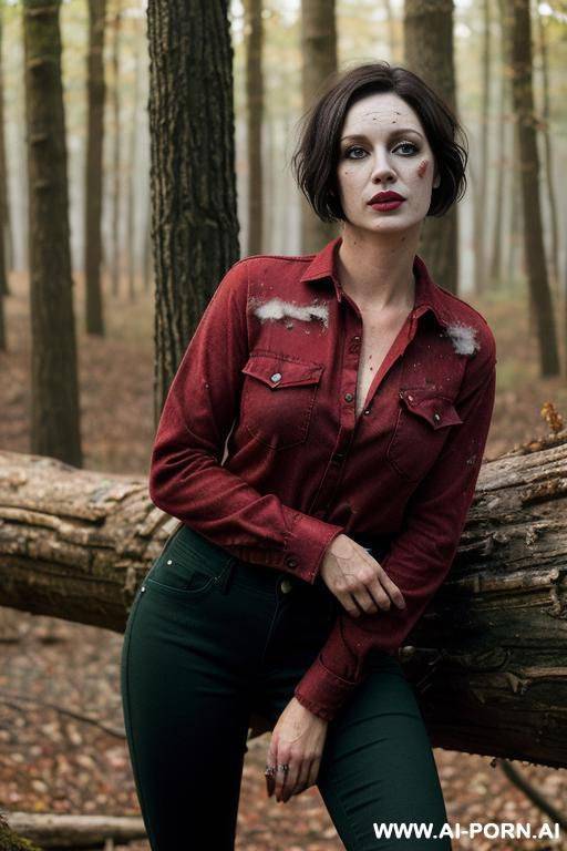 ((red wool dirty worn shirt); (black jeans), (dirt smudge on face), (no make-up), (short hair) - #main