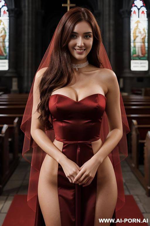 perfect body in a short red strapless dress, diamond choker, long thick hair, cleavage, black wedding veil, - #main