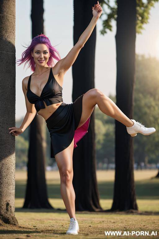 dancing, black silk skirt,, half opened crop top ,show nipples through clothes, tits size 2. full body view, no bra, show tits, white stockings - #main