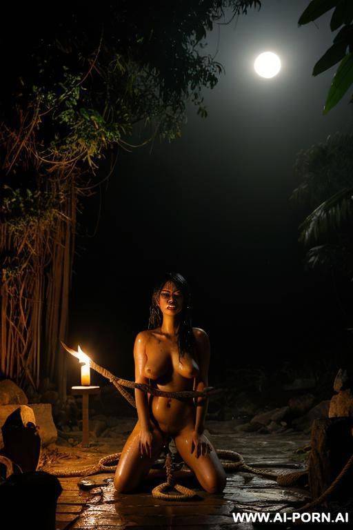 fully nude woman, kneeling, hand above head , tied to a stake with ropes, jungle, firelight, night, wet, dark, fog, eyes closed, head down - #main