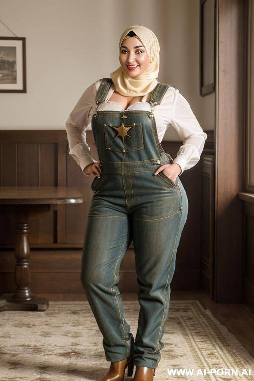 smiling curvy russian brunette chubby wife wearing hijab fully naked wearing overalls - #main