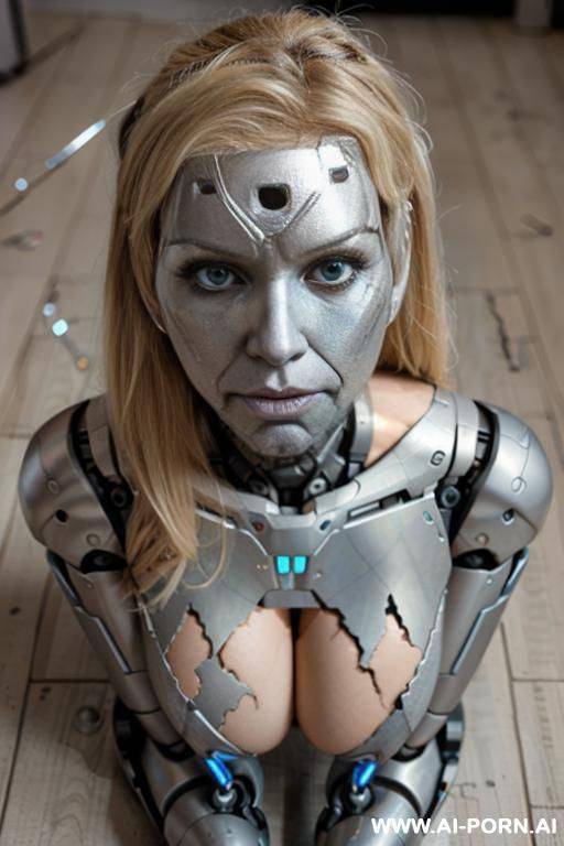 busty blonde female terminator, (damaged half robotic face:1.3), lying on the floor - #main