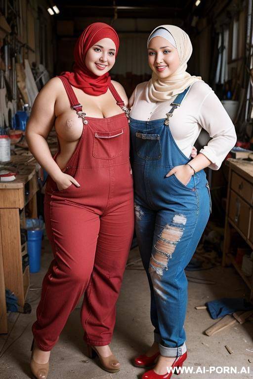 two lesbians smiling curvy russian chubby fully naked wearing hijab wearing red overalls in messy workshop - #main
