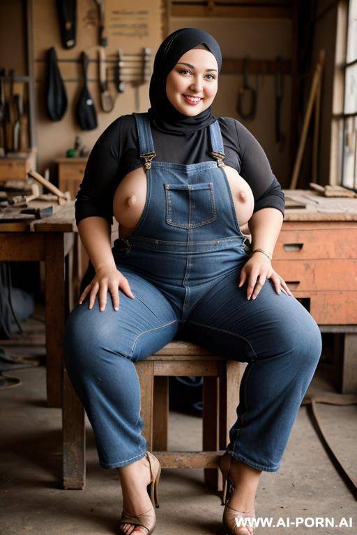 smiling curvy russian brunette chubby wife wearing hijab fully naked wearing black overalls sitting on the lap of old african man in workshop - #main