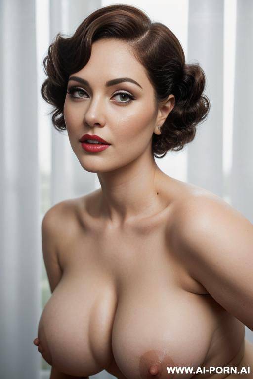 (pallid white skin), voluptuous pin-up style , looking into camera, white curtains background, (bright pallid body), sexy short hair, pin-up model, saggy tits hanging down, droopy tits pressed together, pressed cleavage line, pallid white, upper nipples. - #main