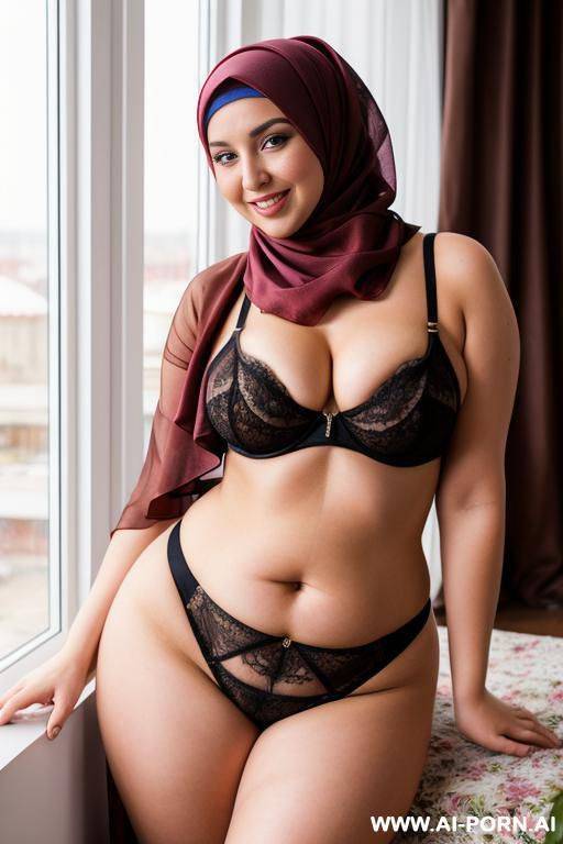 smiling curvy russian brunette chubby wife wearing hijab and dirty flowers colored lingerie - #main