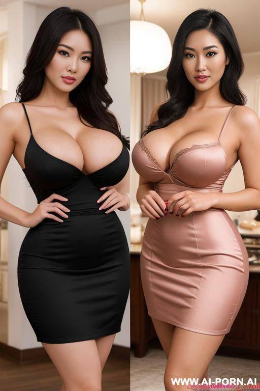two beautiful asian milfs, two models, two house wifes, ((buxom bimbo))), pretty face, perfectly symmetrical facial features, firm round boobs, hourglass figure, wide hips, tapered waist, sexy and - #main