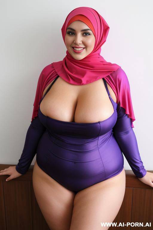 smiling curvy russian brunette chubby wife wearing hijab and colored monkini - #main