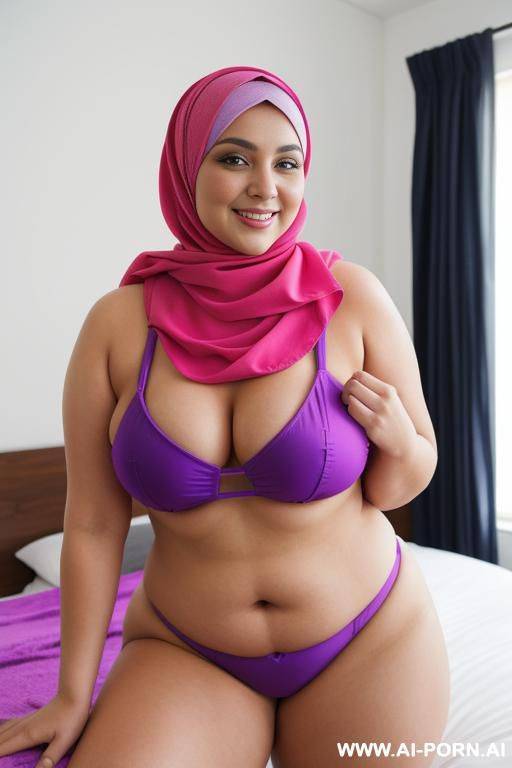 smiling curvy russian brunette chubby wife wearing hijab and colored fauxkini in bedroom - #main
