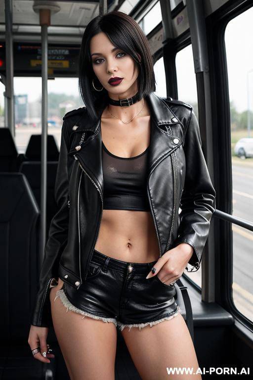 black leather jacket, thong, piercings, black lipstick, choker, tanktop. - #main