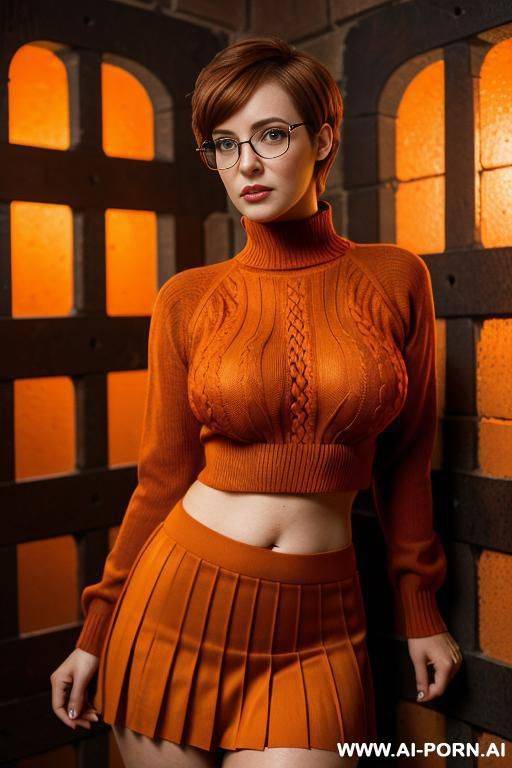 (lewd nerd), (thick body), (hourglass figure), (humongous breasts), (tight orange sweater), (exposed midriff), (red pleated skirt), (square glasses), (short brown hair), ((locked up in a dungeon)) - #main