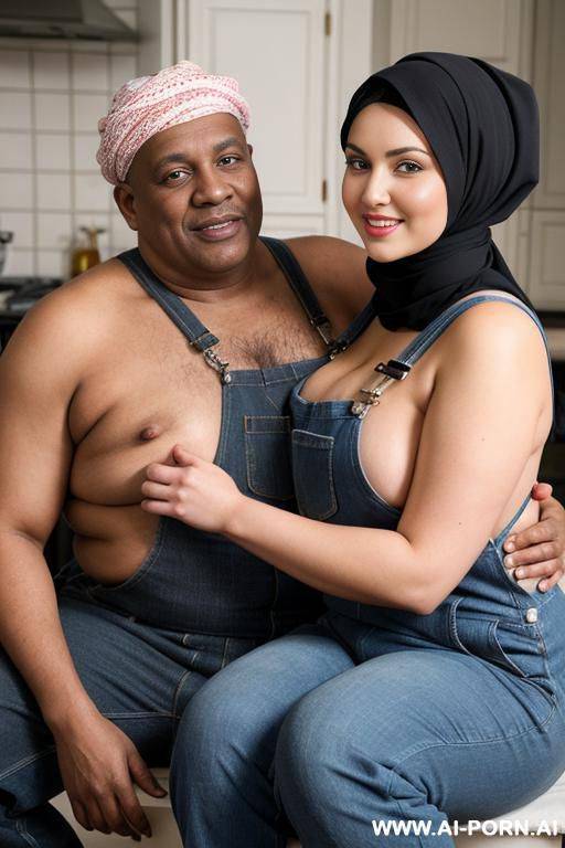 smiling curvy russian brunette chubby wife fully naked wearing hijab and dirty overalls sitting on the lap of old black man - #main