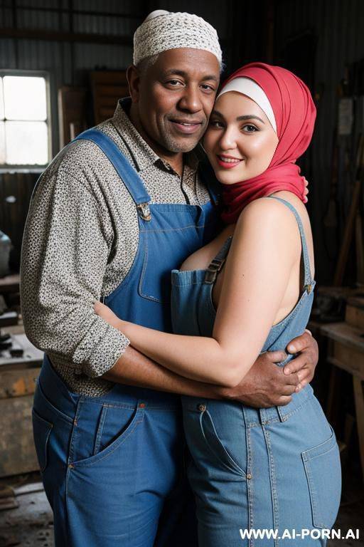 smiling curvy russian brunette chubby wife fully naked wearing hijab and colored dirty overall hugging old black man in workshop - #main