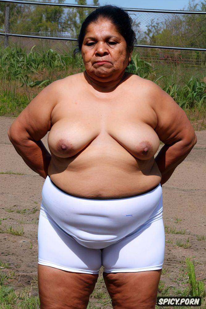 an old fat mexican granny standing, showing big fat pussy, wearing tight bike shorts long from down - #main