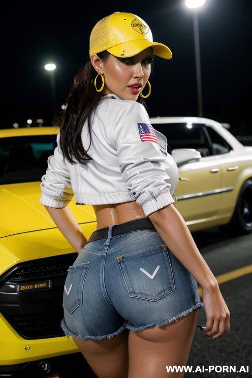 lens fish eye shot down from shot close up boobs from behind perfet sexy position hand on hood car completely wet hair brunette cotton tight shorts low rise perfect ass jacket rider leather - #main