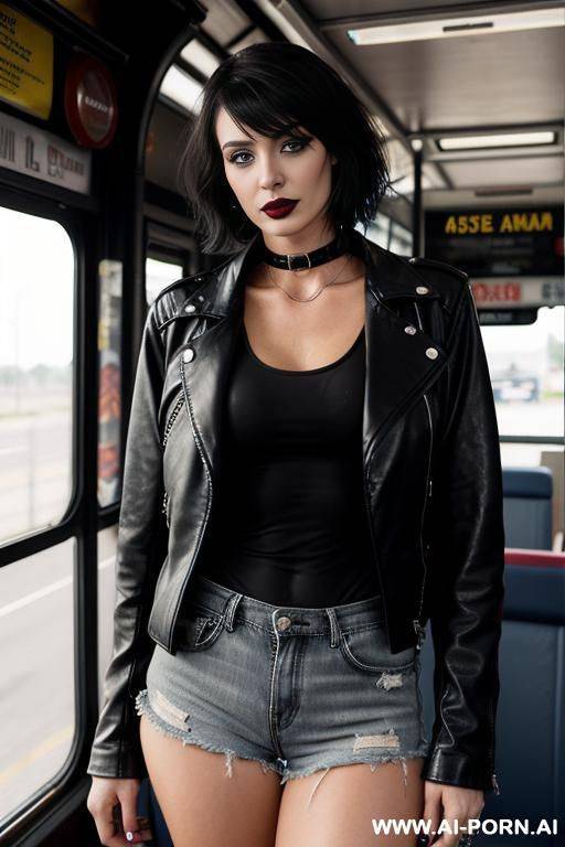 black leather jacket, thong, piercings, black lipstick, choker, tanktop. - #main