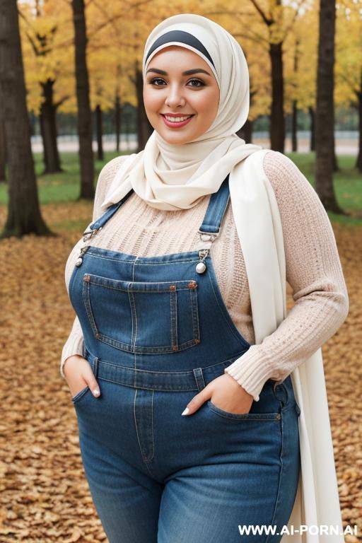 smiling curvy russian brunette chubby wife fully naked wearing hijab and overalls in autumn seaman - #main