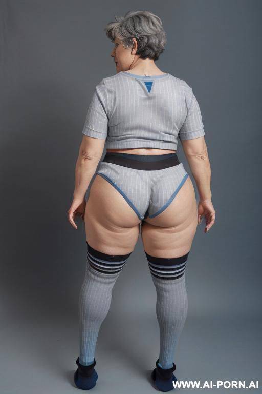 (((back view))), (((0 year old chubby grandmother))), (((short gray hair))), (((very visible age marks))), (((triangle hips))), (((thick thighs))), (((blue t-shirt with black vertical stripes))), (((blue - #main