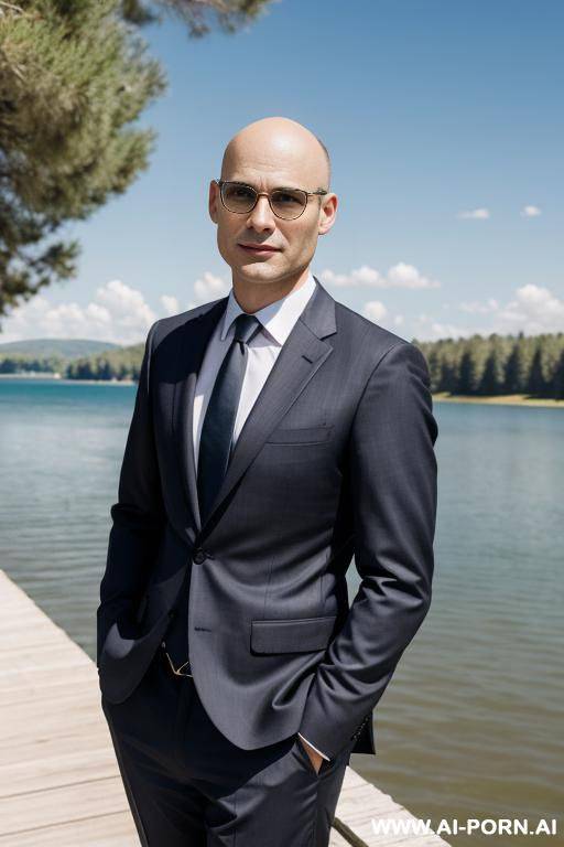 one man in business suit without tie, no beard, lighnearly bald, near a lake in the sun - #main