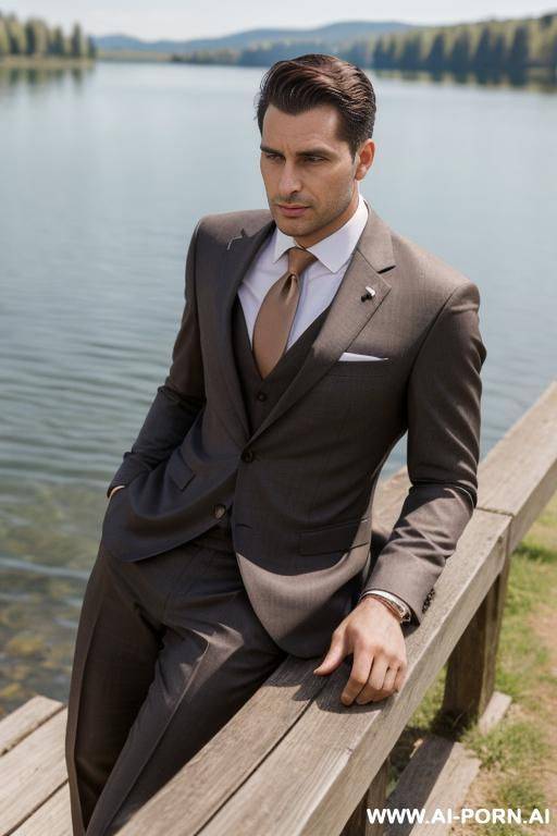 one man in business suit without tie, no beard, light brown chaplet, near a lake in the sun - #main