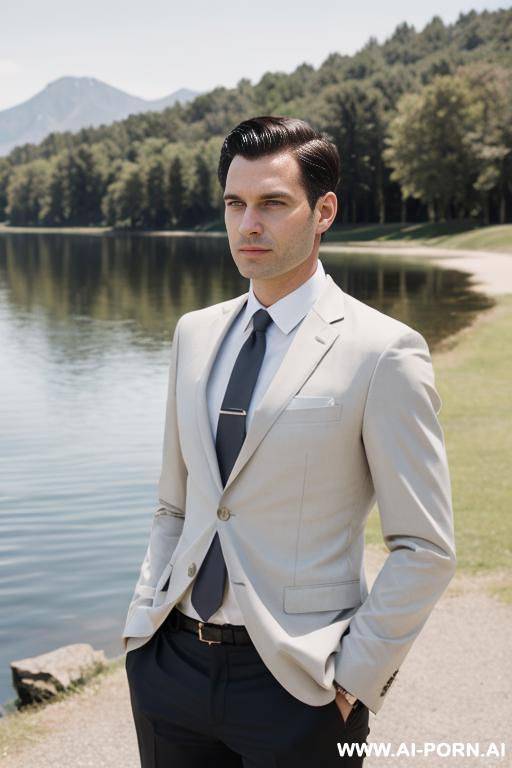 one man in business suit without tie, no beard, short hair, near a lake in the sun - #main