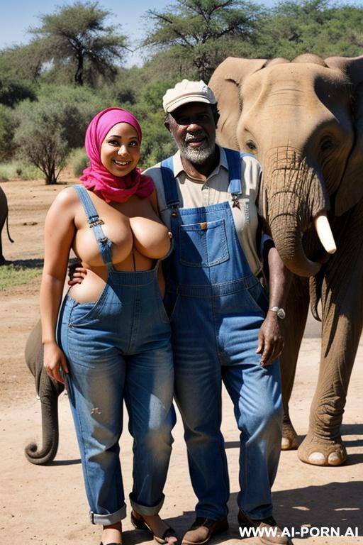smiling curvy russian brunette chubby wife topless wearing colored hijab and dirty overall standing with old african man beside elephant - #main