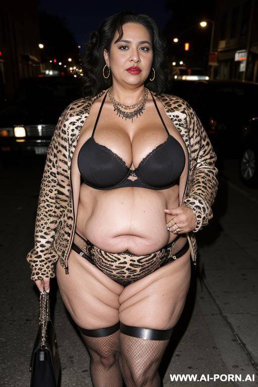 latina, fat old milf, animal print hooker outfit, lovehandless, soft medium tummy, huge saggy boobs, crop jacket, necklace, chocker, elries, street night, waist shot - #main