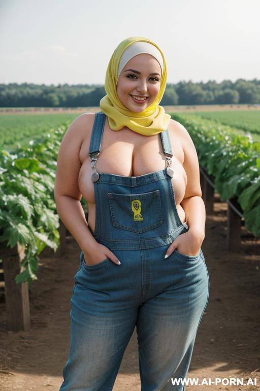 smiling curvy russian brunette chubby wife topless wearing colored hijab and dirty lime yellow overalls and boot in cows farm - #main