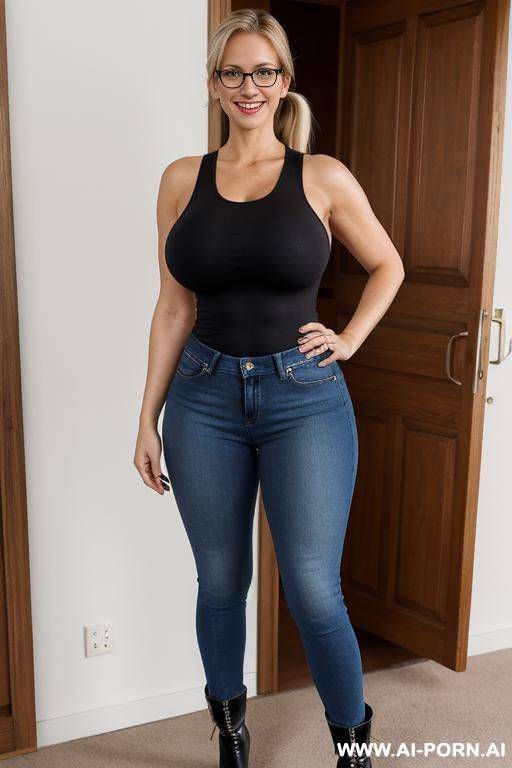 thirty years, swiss secretary, round face, blonde ponytail, glasses, tight jeans, boots with high heels, tight transparant tank top, seducing the viewer, full body view, hourglass figure, exceptionally - #main