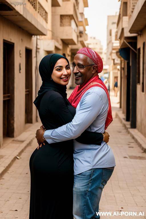 smiling curvy egyptian thick wife wearing hijab opening her clothes flashing boobs hugging old african man in street - #main