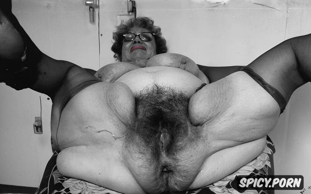 very obese, big glasses, ssbbw, wrinkled, topless, short grey white curly frizzy messy hair - #main