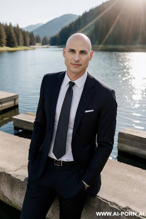 one man in business suit without tie, open blazer, no beard, lighnearly bald, near a lake in the sun - #main