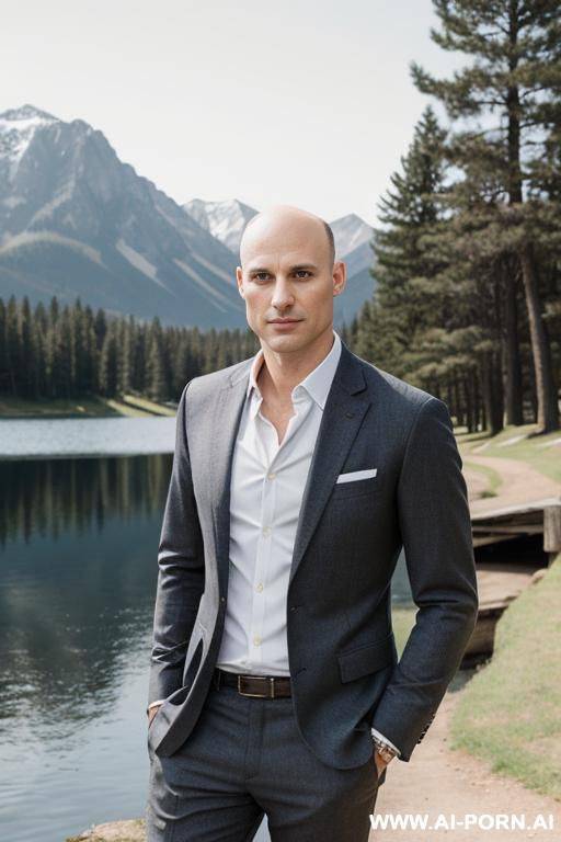 one man in casual suit without tie, open blazer, no beard, lighnearly bald, near a lake in the sun - #main