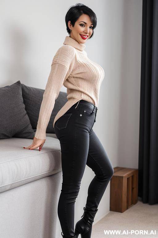 thirty years, swiss secretary, round face, tight jeans, boots with high heels, tight transparant sweater, seducing the viewer, full body view, hourglass figure, exceptionally pretty, gorgeous, - #main