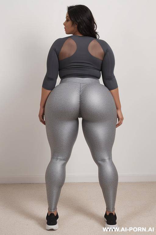 back view chubby hot milf with big ass full body, big fat ass, wears gray leggings with open legs - #main