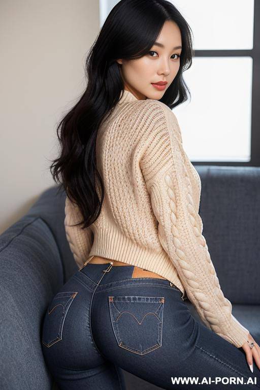 half-french and half-korean, 1cm , wearing a (cozy cream-colored cable-knit sweater), a pair of (tight-fitting, dark blue straight-leg jeans), an (oversized denim jacket), and ankle boots. she has a - #main