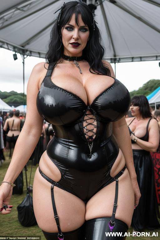 milf, (((huge massive boobs))), big round ass, british, detailed face, festival, glastonbury, rave outfit, goth, drenched in cum, - #main