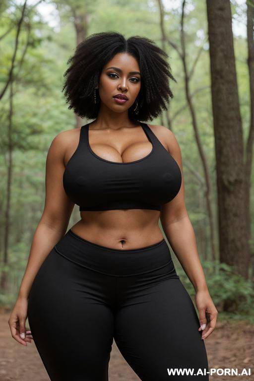 huge boobs, gigantic boobs, afro, milf, in forest, bimbo, black hair, sexy afro woman, looking at the viewer angrily, large boobs, black gym pants, gigantic boobs, wide waist, thick thighs - #main