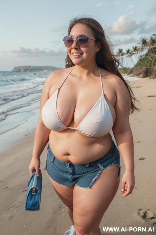 thick arms, bbw, fat, denim skirt, white bikini top, sneakers, swimsuit, shortstack, legs apart, highly detailed skin, beach, happy face, smiling, big purse, sunglasses, modeling, beach, side view, - #main