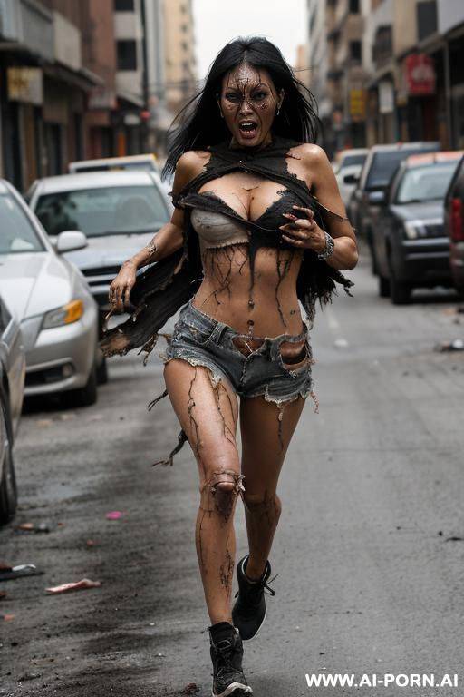 ((black hair)) ((scary face)) ((running)) ((ripped clothes)) ((dirty clothes)) ((dirty body)) ((city street)) ((one boob showing)) - #main