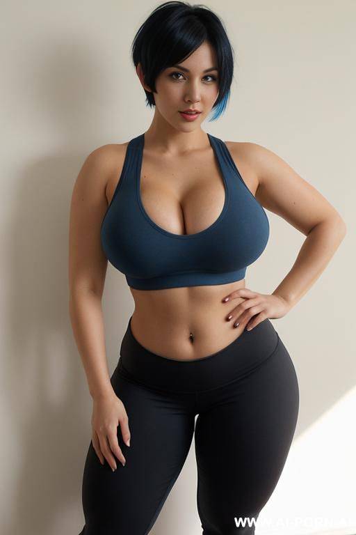 breasts spilling out, red tank top, ripped yoga pants, short hair - #main