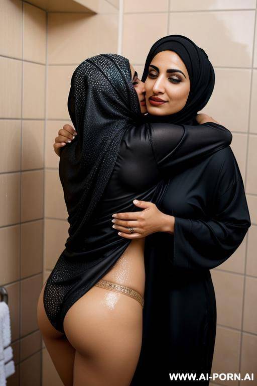 seductive lesbian arab milf with a mustache wearing a hijab hugging arab woman with short hair from behind while taking a shower - #main