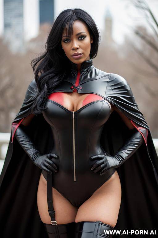 ((keep body)) wearing cape, wearing blue body suit, long sleeves, tall black boots, - #main