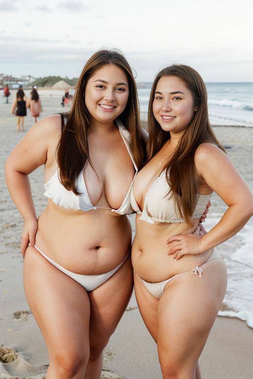standing, two womans, crowded beach, wind in hair, windswept hair, thick arms, long hair, thick arms, bbw, shortstack, highly detailed skin, beach, happy face, smiling, beach, looking at viewer, - #main