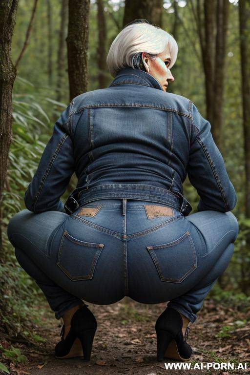 german mature woman, jacket jeans, squatting in underbrush, , backview - #main
