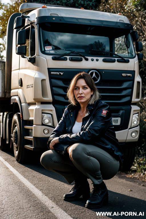 french woman, jacket pants, squatting in underbrush behind trucks next to fishmarket - #main