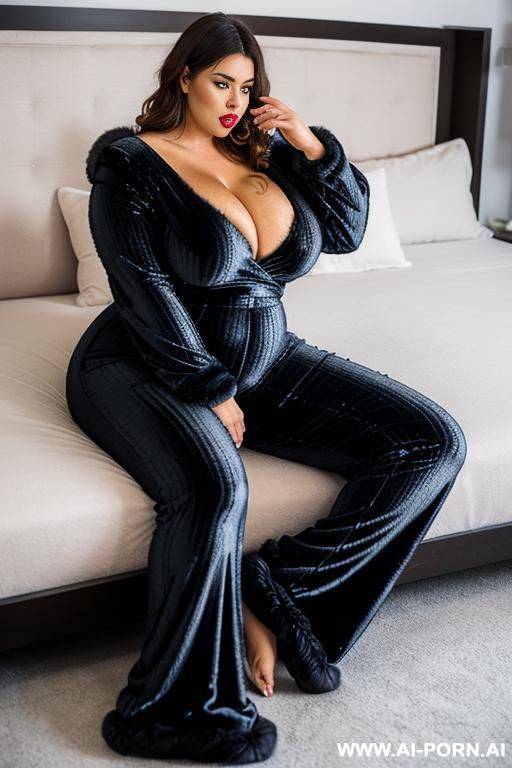 (huge rippled fluffy fur jumpsuit), overflowing opposed saggy hanging tits, oversize giant swollen lips, big extremly inflated lips, fur socks, fuzzy toes socks in face, jumpsuit cover full body spreading hairy pussy, ((huge swollen hairy pussy)) - #main