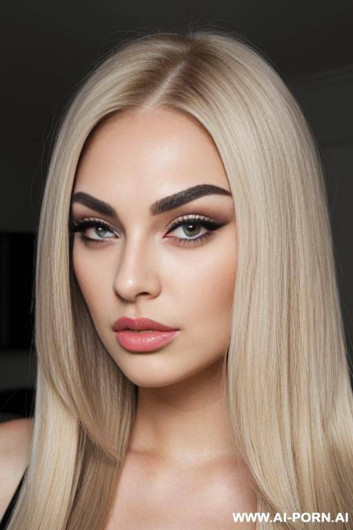 pouting lips, blonde straight hair, chubby rectanglar face, square jaw, dark eye shw and eyebrows. long nose. straight eyebrows - #main